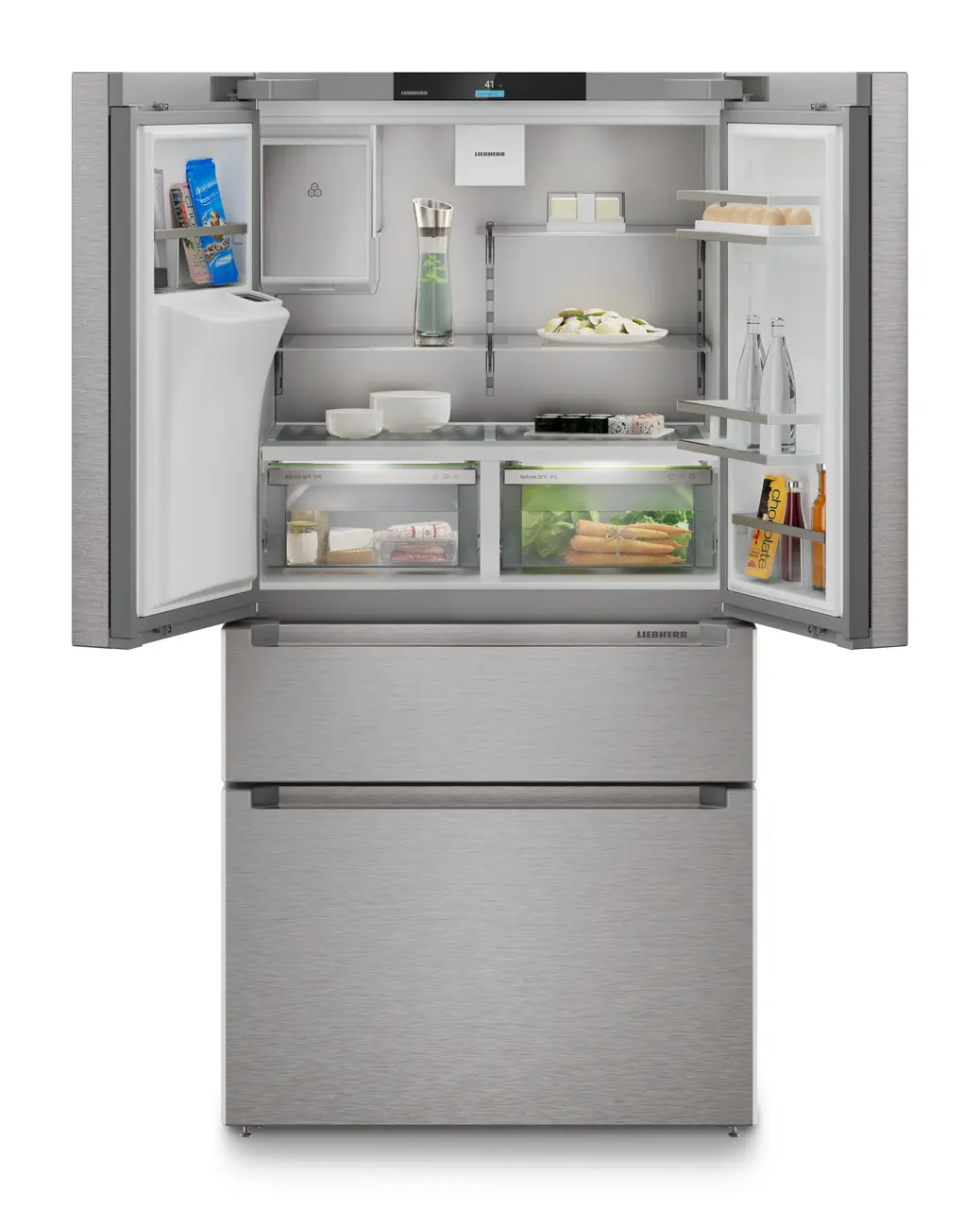 Product image, Perspective: straight open decorated, French door fridge-freezer with 2 freezer drawers and water and ice cube dispenser, Casing colour: silver, Door colour: stainless steel