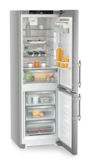 Product image, Perspective: oblique open decorated, Combined fridge-freezers with EasyFresh and NoFrost, Casing colour: silver, Door colour: stainless steel