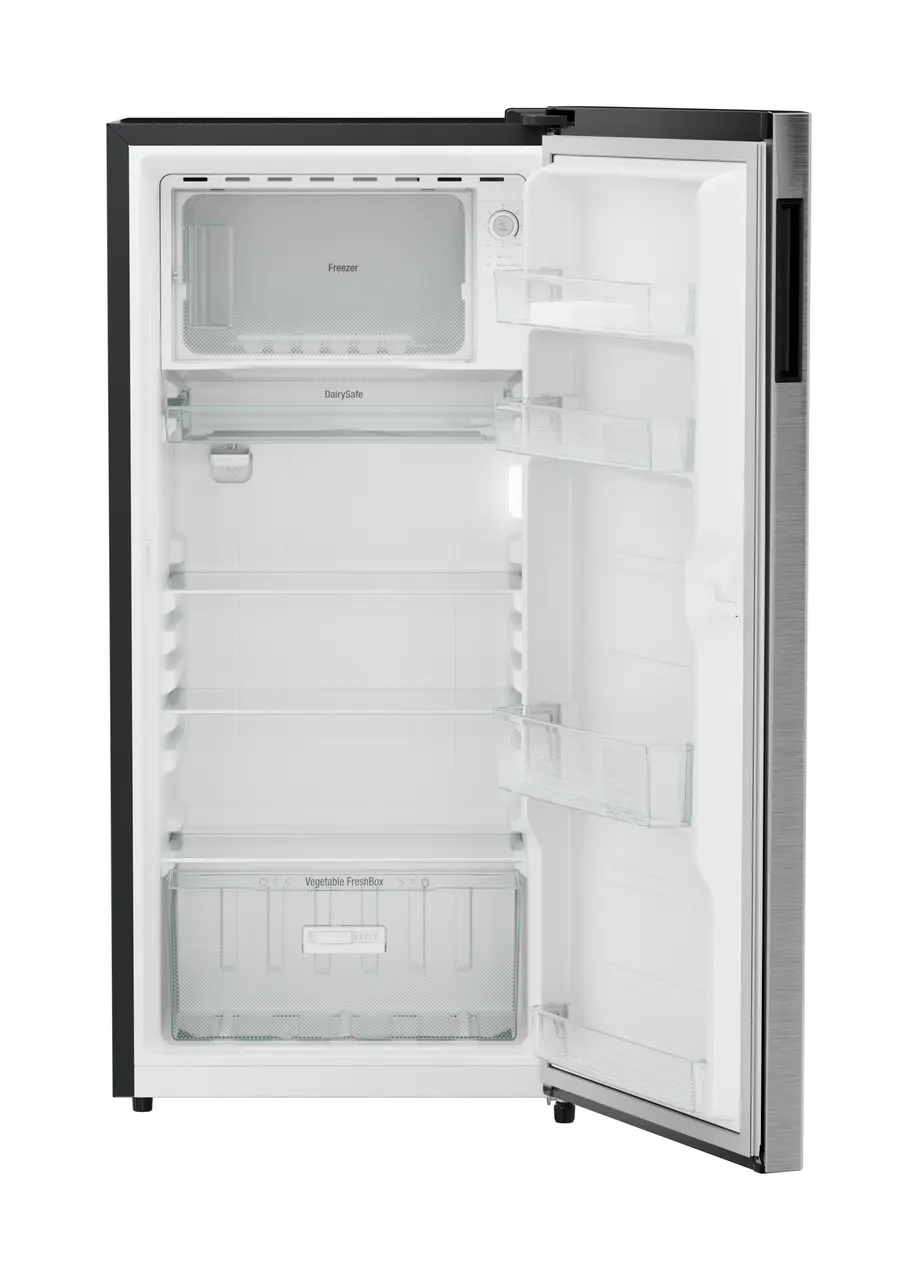 Product image, Perspective: straight open empty, Single-door refrigerator 191 l in 3 star with VegFresh box, Casing colour: grey, Door colour: Silver Steel