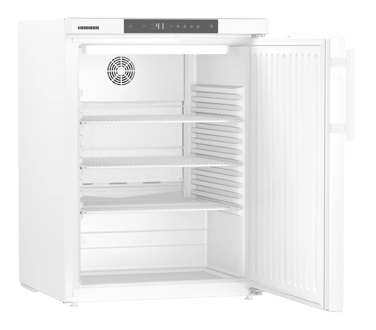 Product image, Perspective: oblique open empty, Lab refrigerator with Comfort electronic controller, Casing colour: white