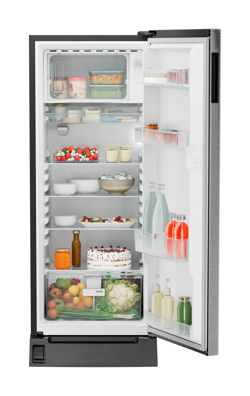 Product image, Perspective: straight open decorated, Single-door refrigerator 222 l in 3 star with foot pedal base drawer, Casing colour: grey, Door colour: Silver Steel