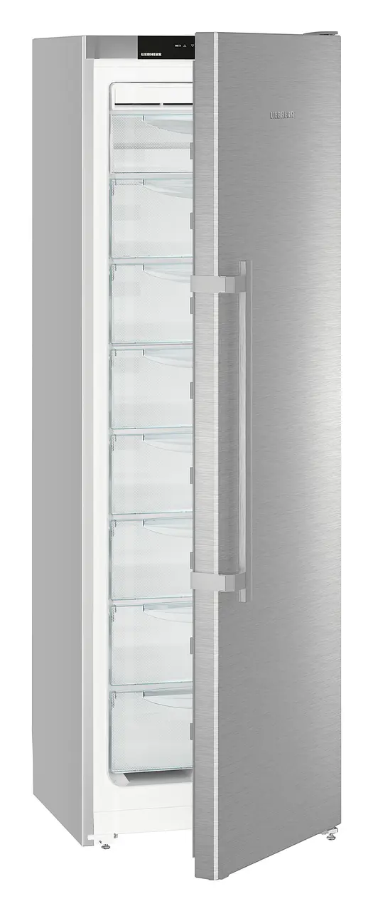 Product image, Perspective: oblique half-open empty, Freestanding freezer with NoFrost, Casing colour: silver, Door colour: stainless steel