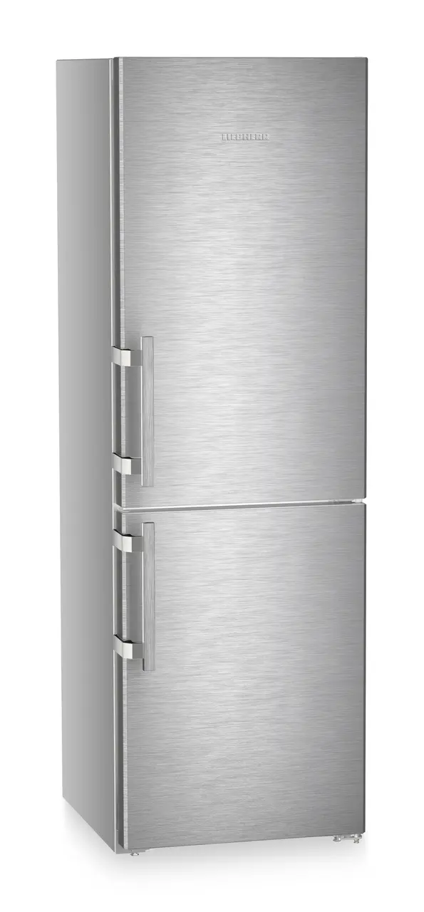 Product image, Perspective: oblique closed, Combined fridge-freezers with EasyFresh and NoFrost, Casing colour: silver, Door colour: stainless steel