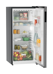Product image, Perspective: oblique open decorated, Single-door refrigerator 191 l in 3 star with VegFresh box, Casing colour: grey, Door colour: Silver Steel