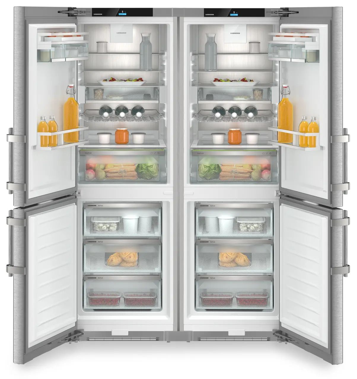 Product image, Perspective: straight open decorated, Side-by-Side combination, Casing colour: silver, Door colour: stainless steel