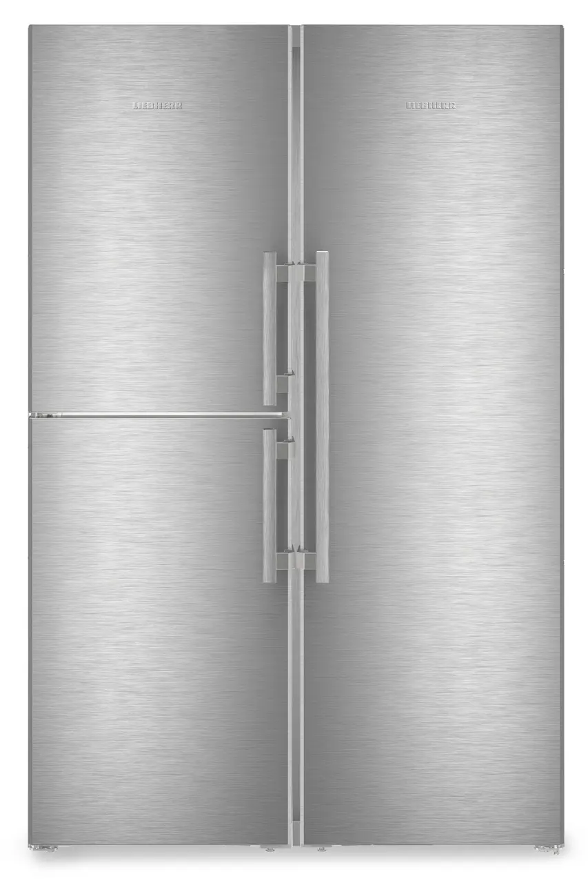 Product image, Perspective: straight closed, Side-by-Side combination, Casing colour: silver, Door colour: stainless steel