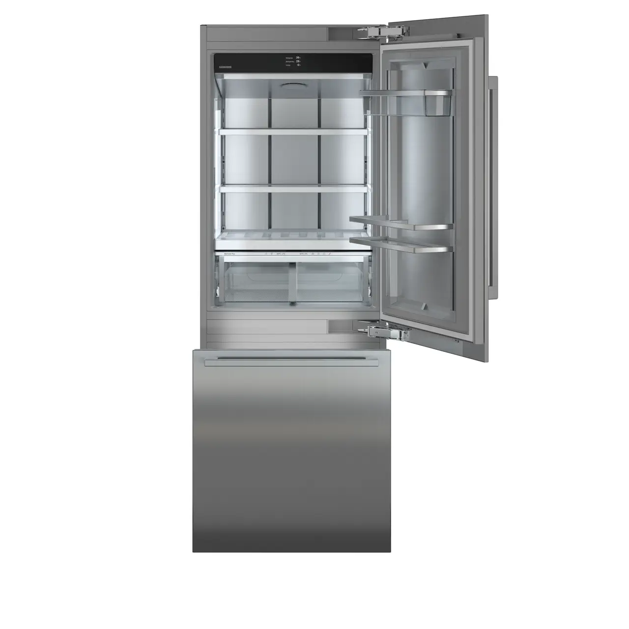 Product image, Perspective: straight open empty, Combined refrigerator-freezer with BioFresh and NoFrost for integrated use, Casing colour: grey