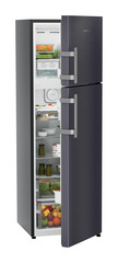 Product image, Perspective: oblique half-open decorated, Fridge-freezer with NoFrost, Casing colour: grey, Door colour: Cobalt Steel