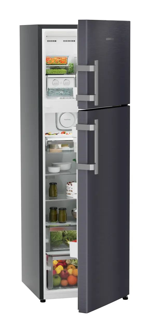 Product image, Perspective: oblique half-open decorated, Fridge-freezer with NoFrost, Casing colour: grey, Door colour: Cobalt Steel