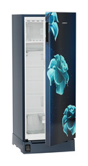 Product image, Perspective: oblique half-open empty, Single-door refrigerator 222 l in 3 star with foot pedal base drawer, Casing colour: blue, Door colour: Blue Divine