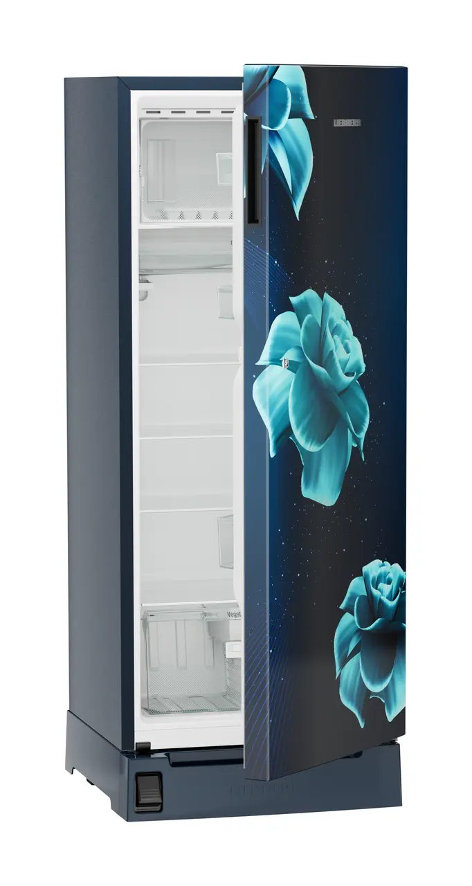 Product image, Perspective: oblique half-open empty, Single-door refrigerator 222 l in 3 star with foot pedal base drawer, Casing colour: blue, Door colour: Blue Divine