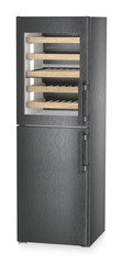 Product image, Perspective: oblique closed, Combination with NoFrost freezer compartment and wine tempering compartment, Casing colour: BlackSteel, Door colour: BlackSteel