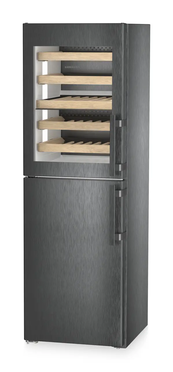Product image, Perspective: oblique closed, Combination with NoFrost freezer compartment and wine tempering compartment, Casing colour: BlackSteel, Door colour: BlackSteel