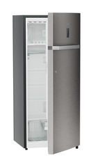 Product image, Perspective: oblique half-open empty, Single-door refrigerator 222 l in 4 star with iCoolTouch UI, Casing colour: grey, Door colour: Stainless Steel
