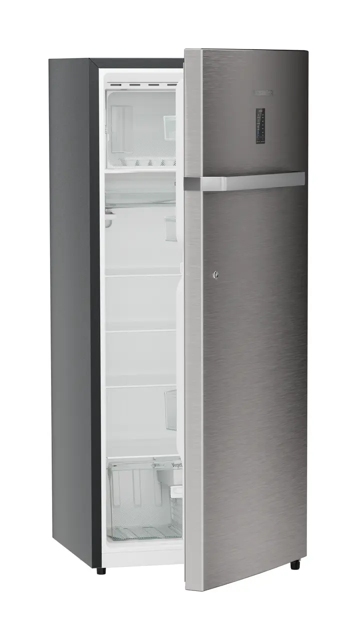 Product image, Perspective: oblique half-open empty, Single-door refrigerator 222 l in 4 star with iCoolTouch UI, Casing colour: grey, Door colour: Stainless Steel