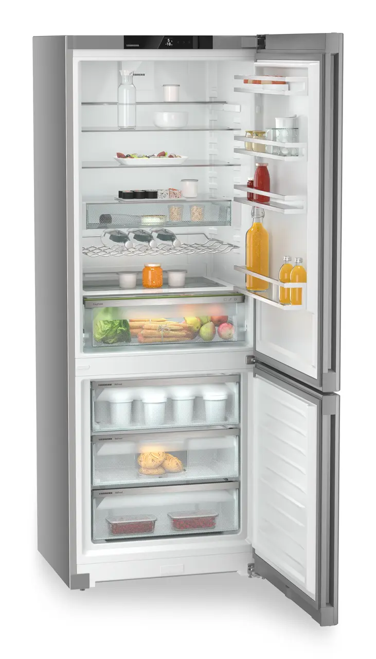 Produkt-Bild, Perspektive: schräg offen dekoriert, Kühl-Gefrierkombination mit EasyFresh und NoFrost, Gehäusefarbe: Silver, Türfarbe: Steelfinish