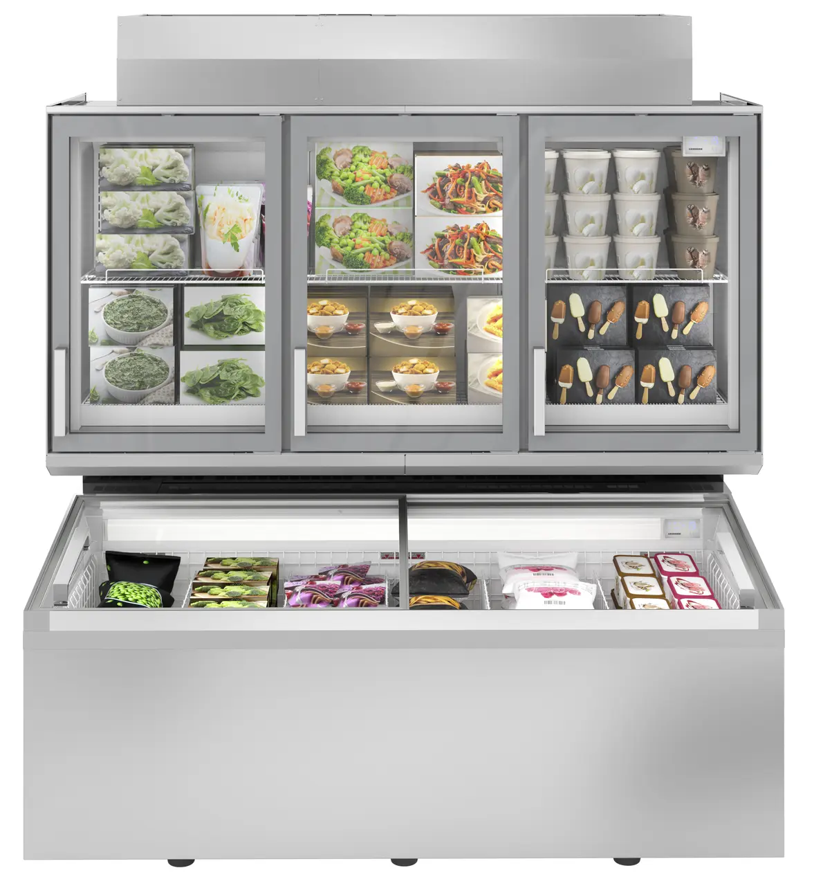 Image de produit, Perspective: Droit fermé décoré, Congélateur haut supermarché, Couleur de l’habillage: gris