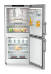 Product image, Perspective: straight open decorated, Combined fridge-freezers with EasyFresh and NoFrost, Casing colour: silver, Door colour: stainless steel