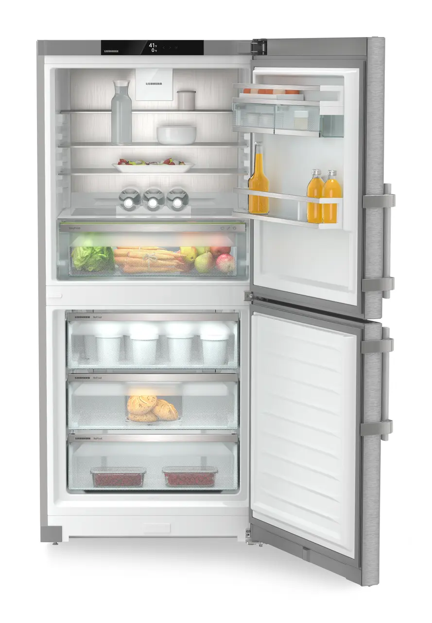 Product image, Perspective: straight open decorated, Combined fridge-freezers with EasyFresh and NoFrost, Casing colour: silver, Door colour: stainless steel