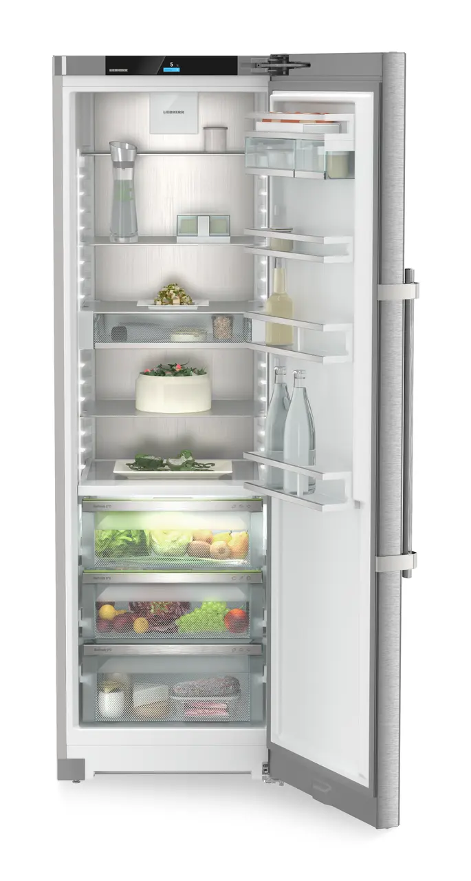 Product image, Perspective: straight open decorated, Refrigerator with BioFresh, Casing colour: silver, Door colour: stainless steel