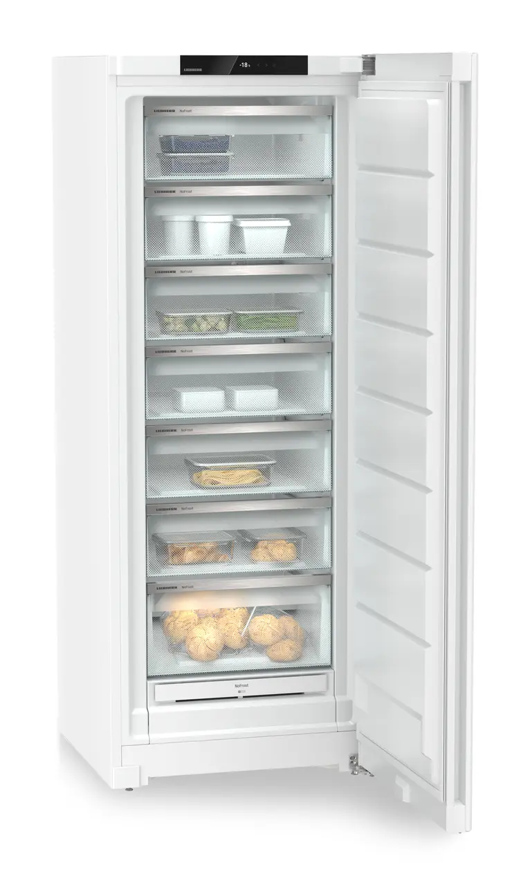 Produkt-Bild, Perspektive: schräg offen dekoriert, Standgefrierschrank mit NoFrost, Gehäusefarbe: Weiß, Türfarbe: Weiß