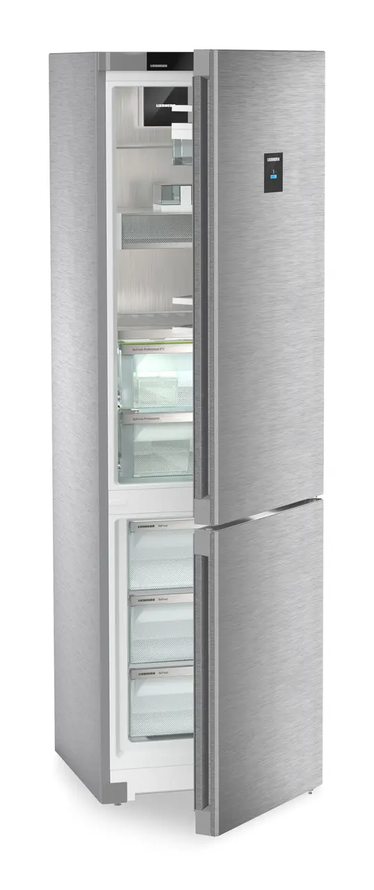 Produktbild, Perspektiv: Vinklad, halvöppen, tom, Kyl- och fryskombinerad kyl- och frysdisk med BioFresh Professional och NoFrost, Färg på hölje: Rostfritt stål, Färg på dörr: Rostfritt stål