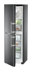 Product image, Perspective: oblique half-open decorated, Fridge-freezer with BioFresh and NoFrost, Casing colour: BlackSteel, Door colour: BlackSteel