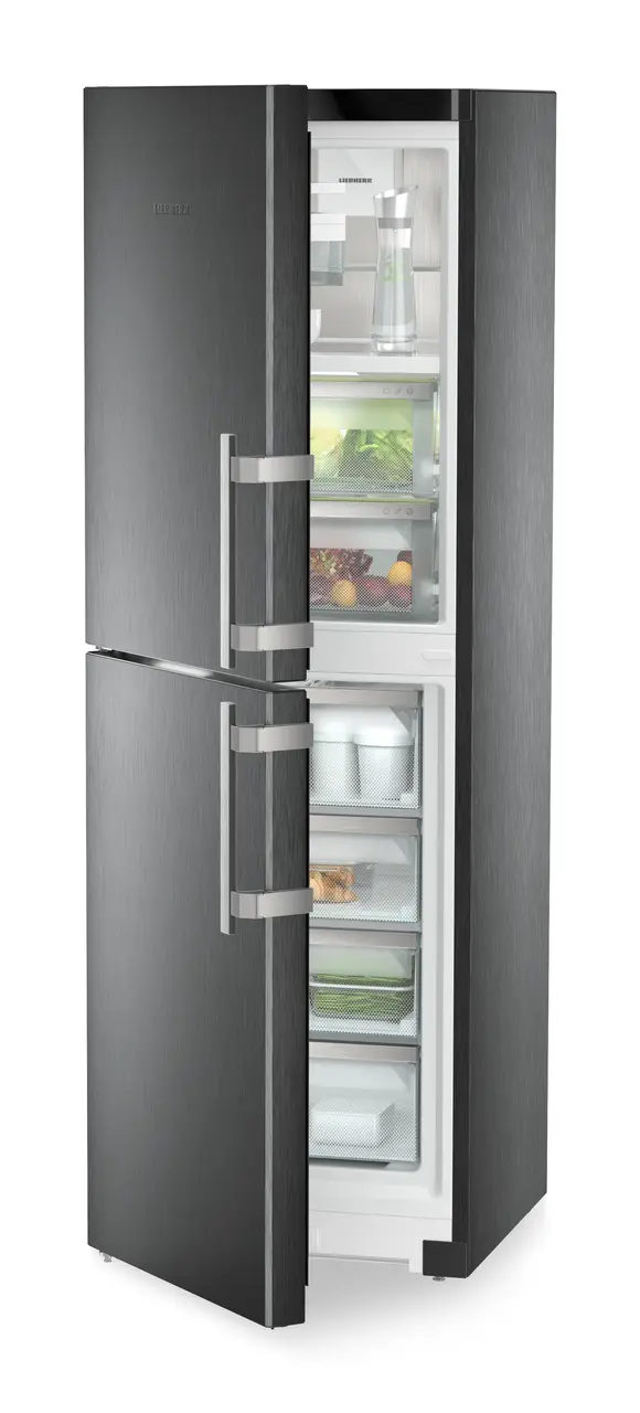 Product image, Perspective: oblique half-open decorated, Fridge-freezer with BioFresh and NoFrost, Casing colour: BlackSteel, Door colour: BlackSteel