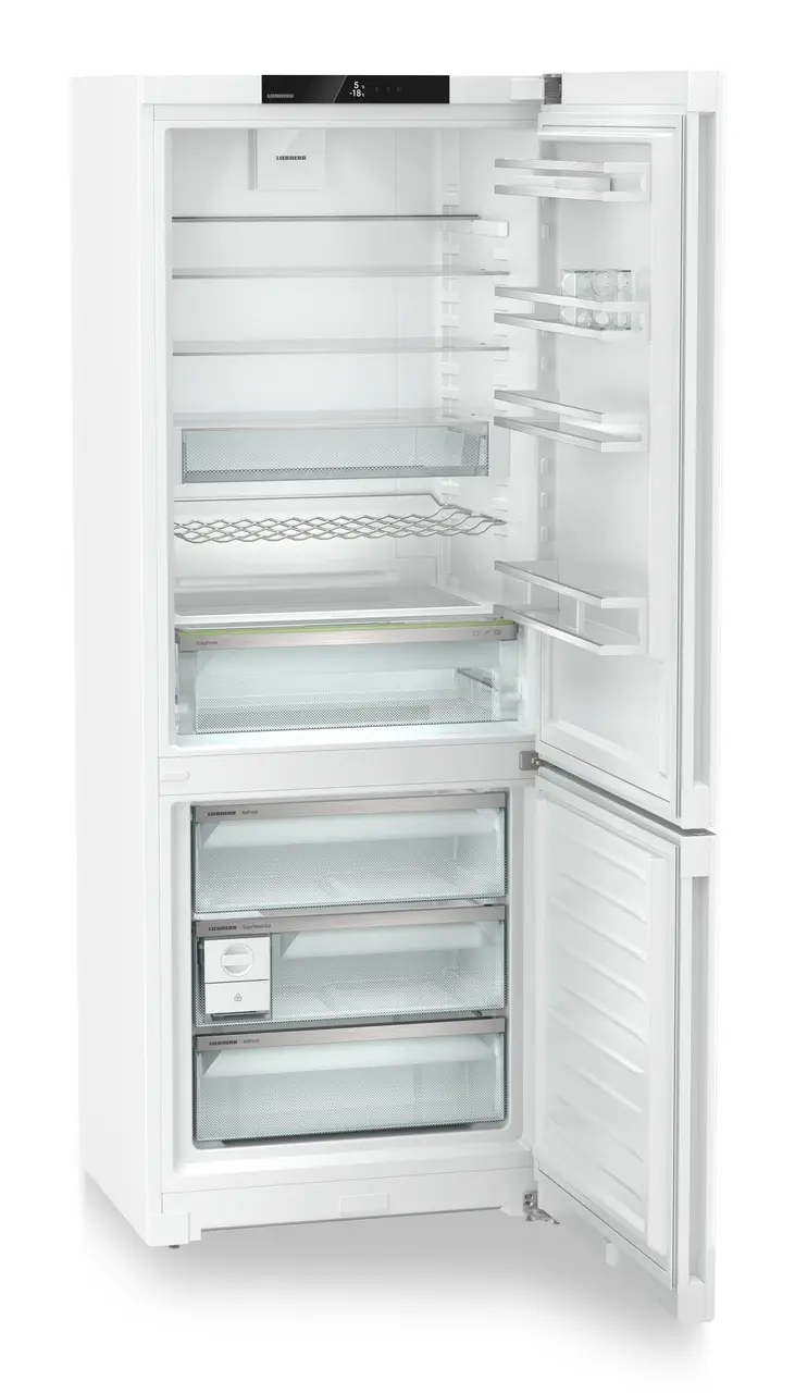 Product image, Perspective: oblique open empty, Combined fridge-freezers with EasyFresh and NoFrost, Casing colour: white, Door colour: white