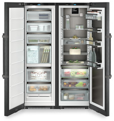 Product image, Perspective: straight open decorated, Side-by-Side combination, Casing colour: BlackSteel, Door colour: BlackSteel