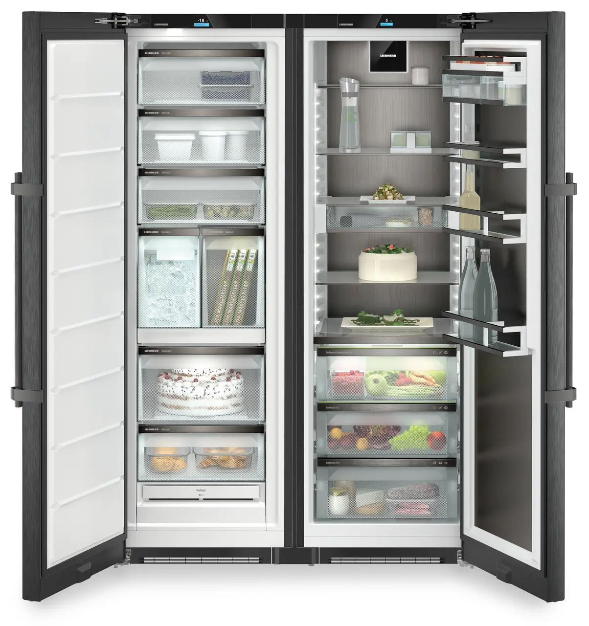 Product image, Perspective: straight open decorated, Side-by-Side combination, Casing colour: BlackSteel, Door colour: BlackSteel