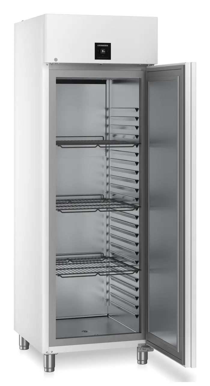 Produkt-Bild, Perspektive: schräg offen leer, Kühlgerät GN 2/1 mit Umluftkühlung, Gehäusefarbe: Weiß, Türfarbe: Weiß