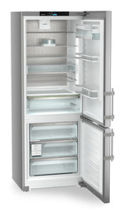 Product image, Perspective: oblique open empty, Combined fridge-freezers with EasyFresh and NoFrost, Casing colour: silver, Door colour: stainless steel
