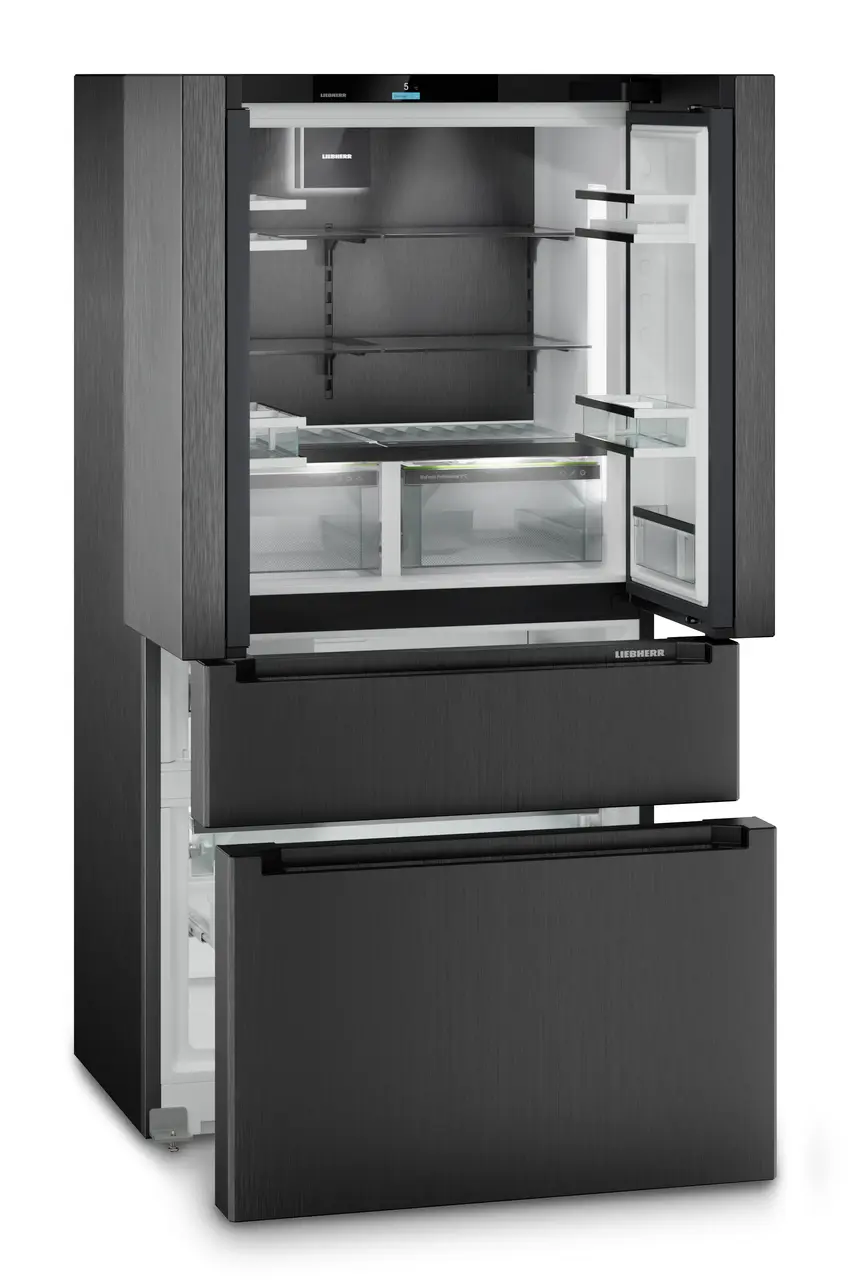 Termékkép, Perspektíva: Ferde nyitott üres, Francia ajtós hűtő-fagyasztó 2 fagyasztófiókkal, IceMakerrel és InfinitySpringgel