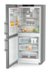Product image, Perspective: oblique open decorated, Combined fridge-freezers with EasyFresh and NoFrost, Casing colour: silver, Door colour: stainless steel