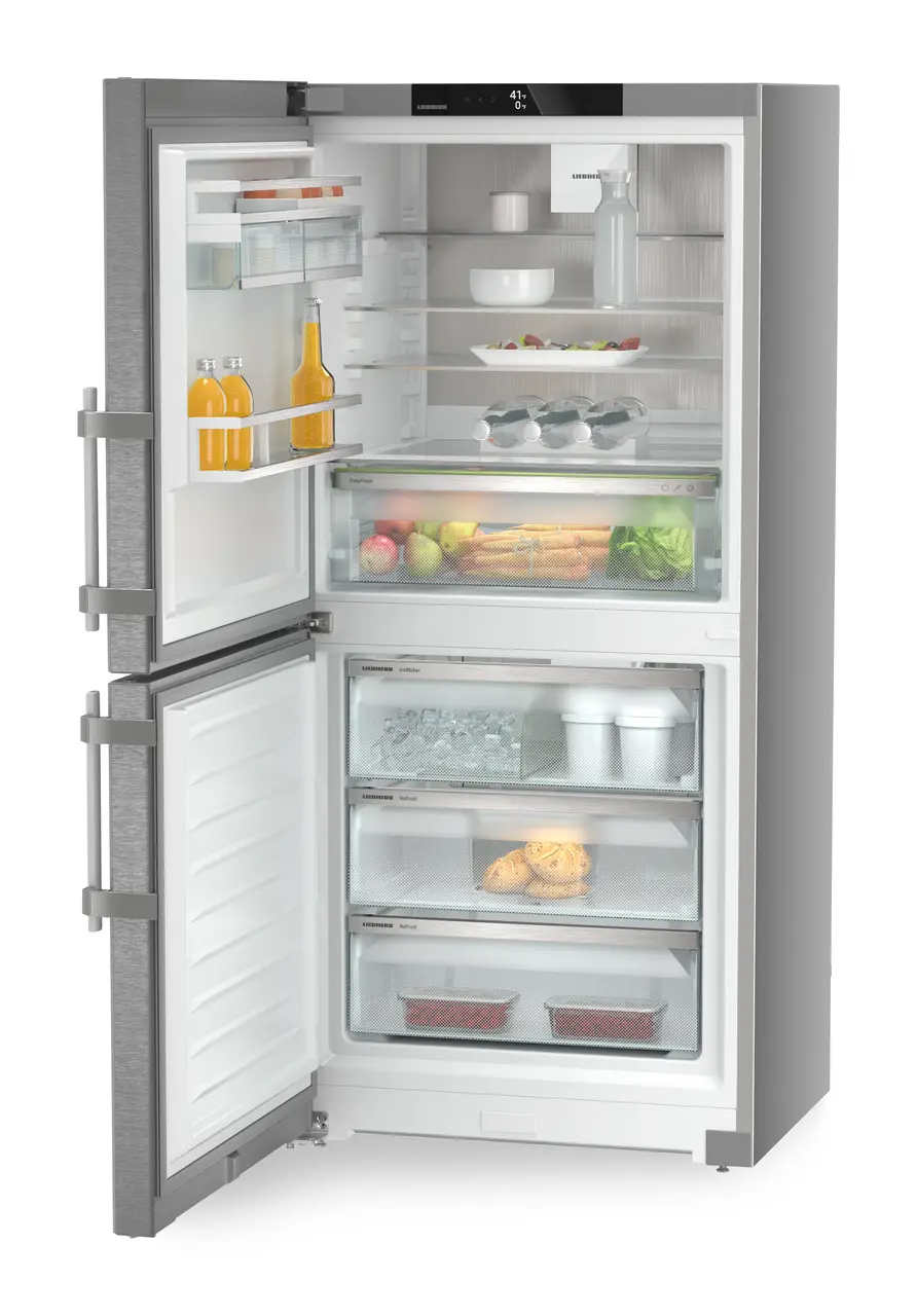 Product image, Perspective: oblique open decorated, Combined fridge-freezers with EasyFresh and NoFrost, Casing colour: silver, Door colour: stainless steel