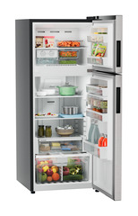 Product image, Perspective: oblique open decorated, Fridge-freezer with NoFrost, Casing colour: grey, Door colour: Stainless Steel
