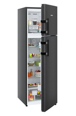 Product image, Perspective: oblique half-open decorated, Fridge-freezer with NoFrost, Casing colour: black, Door colour: BlackSteel