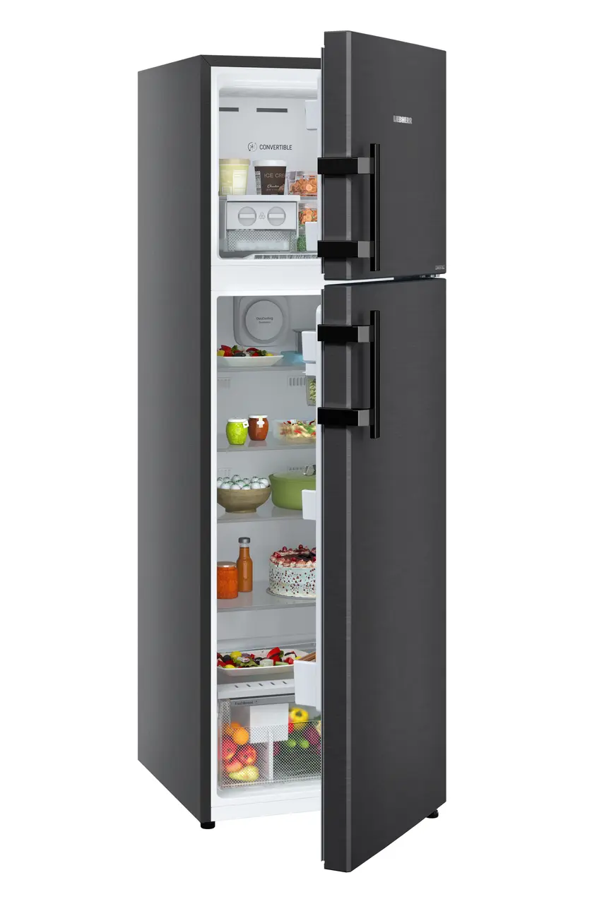 Product image, Perspective: oblique half-open decorated, Fridge-freezer with NoFrost, Casing colour: black, Door colour: BlackSteel