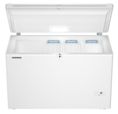 Produkt-Bild, Perspektive: gerade offen leer, Gefriertruhe, Gehäusefarbe: Weiß, Türfarbe: Weiß