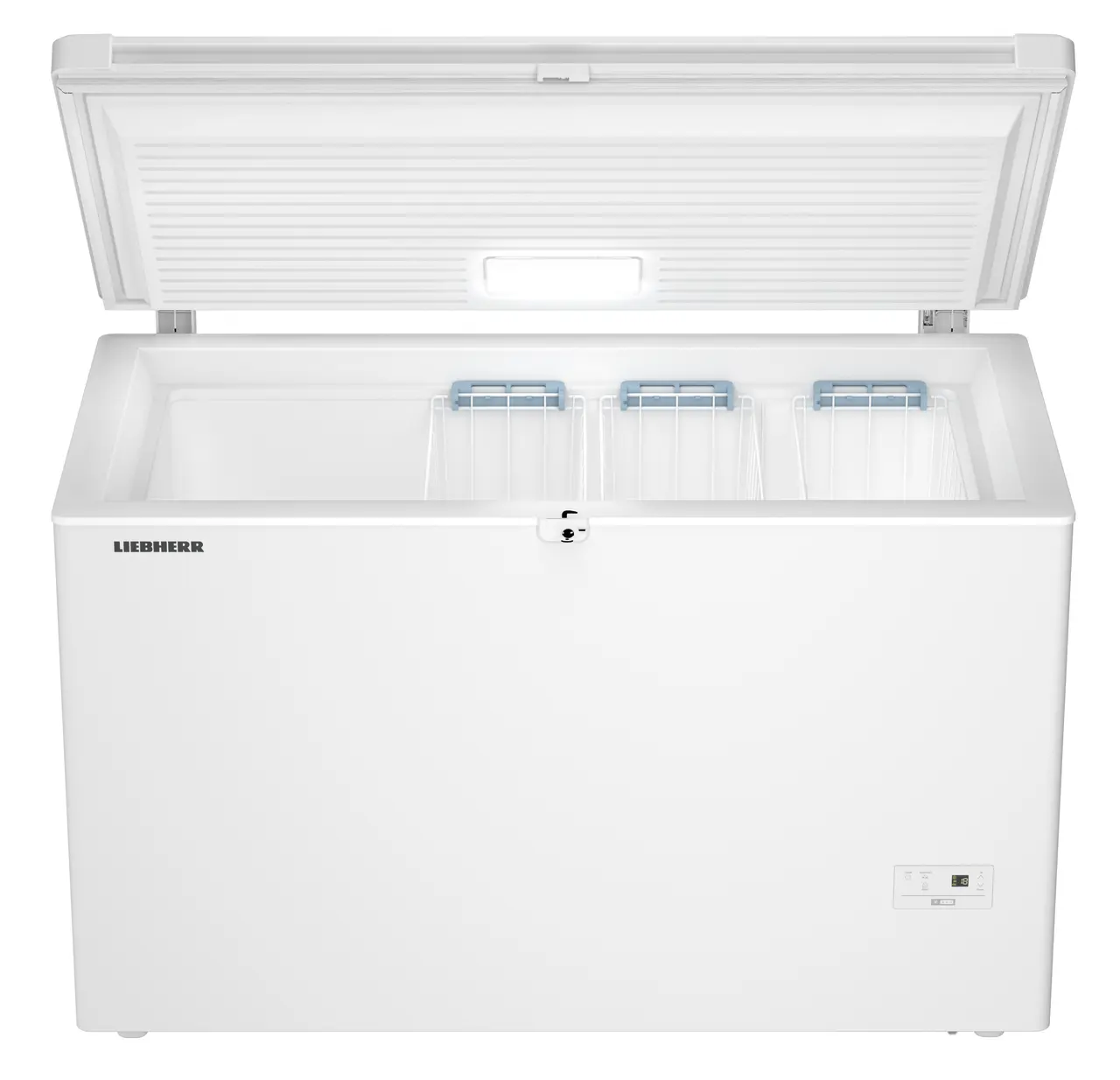 Produkt-Bild, Perspektive: gerade offen leer, Gefriertruhe, Gehäusefarbe: Weiß, Türfarbe: Weiß