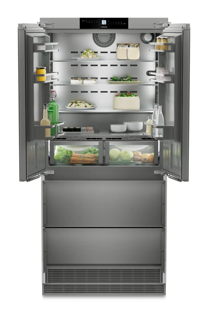 Product image, Perspective: straight open decorated, Combined refrigerator-freezer with BioFresh and NoFrost for integrated use, Casing colour: Anthracite