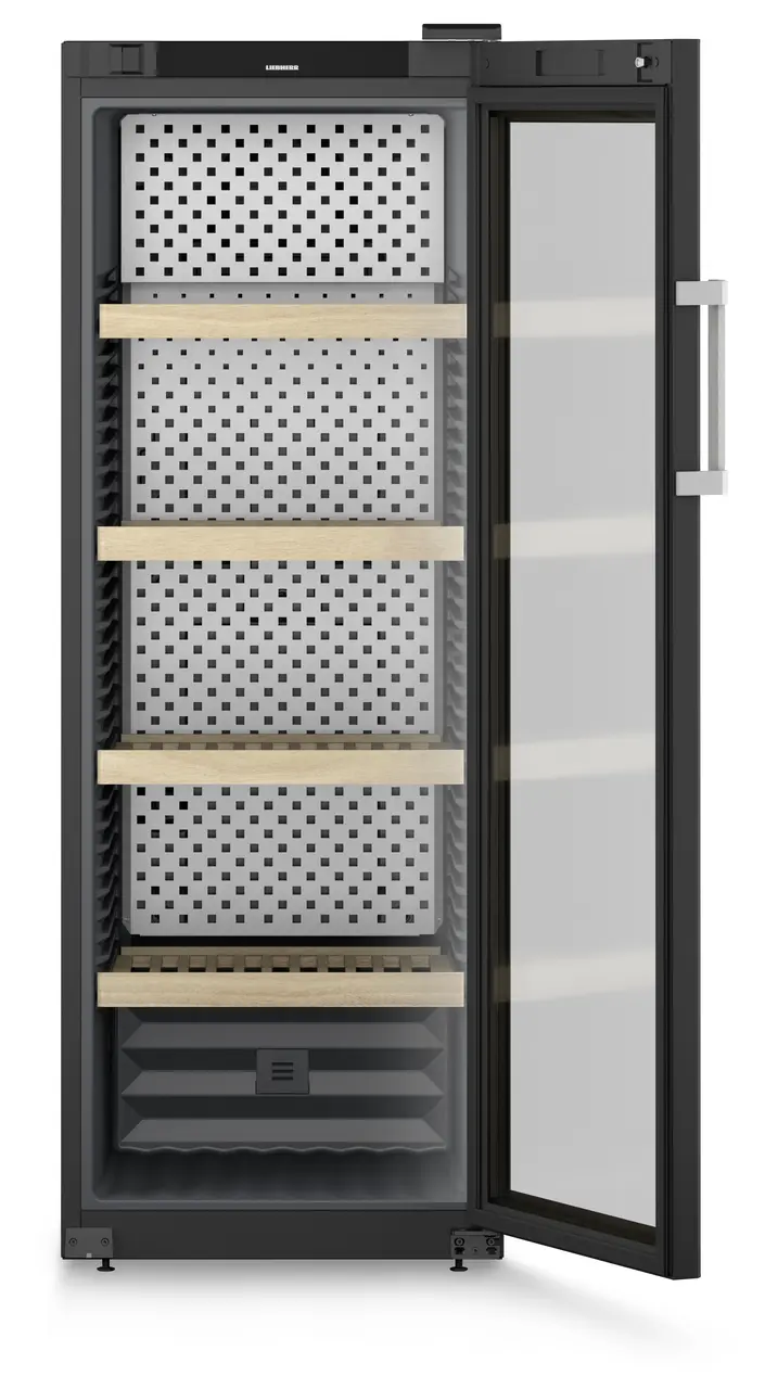 Termékkép, Perspektíva: Egyenes nyitott üres, Bortároló szekrény, Készülékház színe: fekete, Ajtó színe: fekete