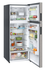 Product image, Perspective: oblique open decorated, Fridge-freezer with NoFrost, Casing colour: grey, Door colour: Stainless Steel