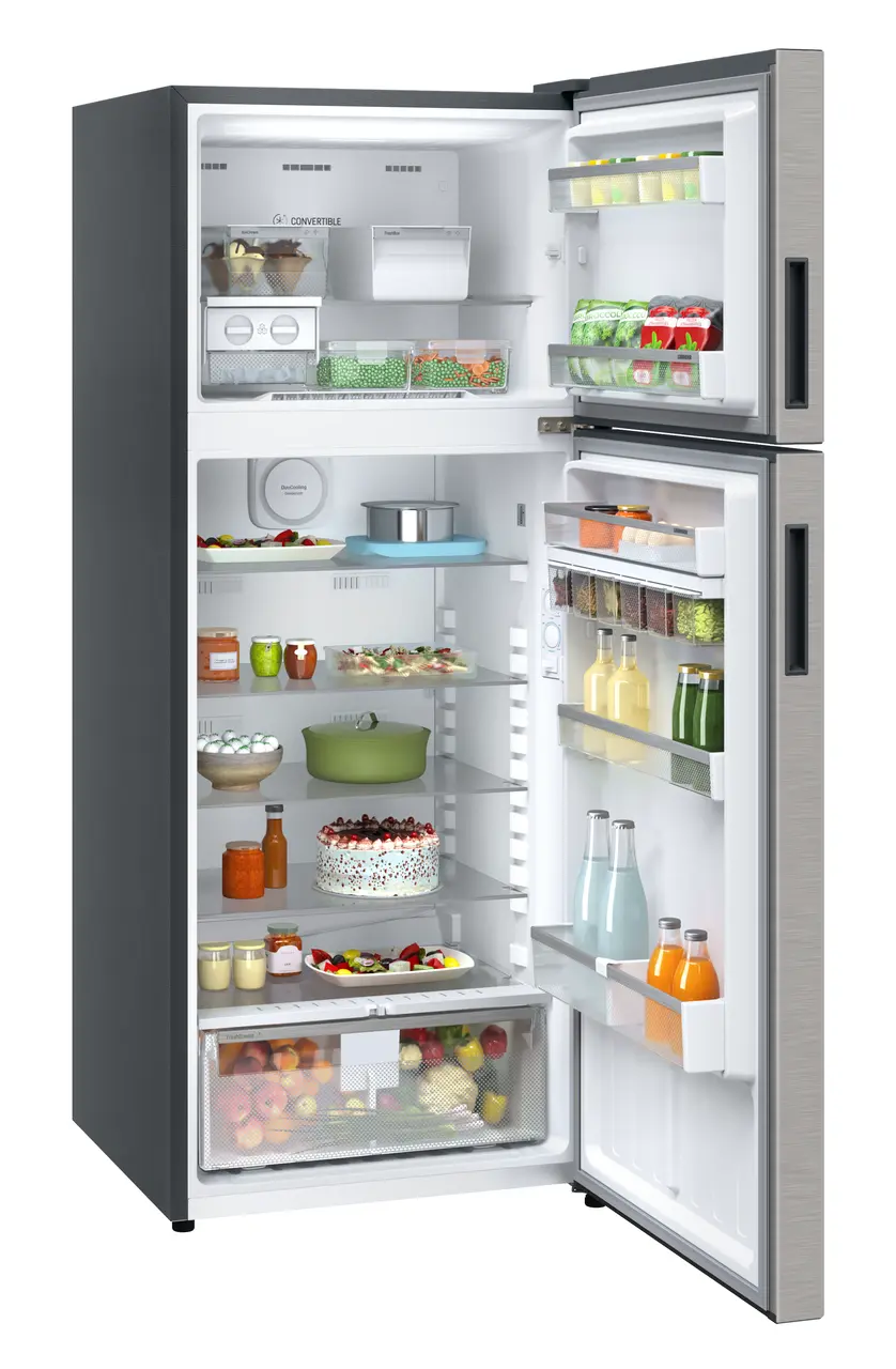 Product image, Perspective: oblique open decorated, Fridge-freezer with NoFrost, Casing colour: grey, Door colour: Stainless Steel