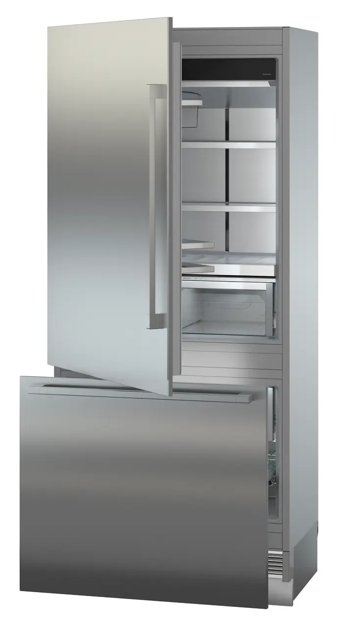 Product image, Perspective: oblique half-open empty, Combined refrigerator-freezer with BioFresh and NoFrost for integrated use