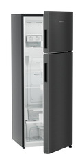 Product image, Perspective: oblique half-open empty, Fridge-freezer with NoFrost, Casing colour: grey, Door colour: BlackSteel