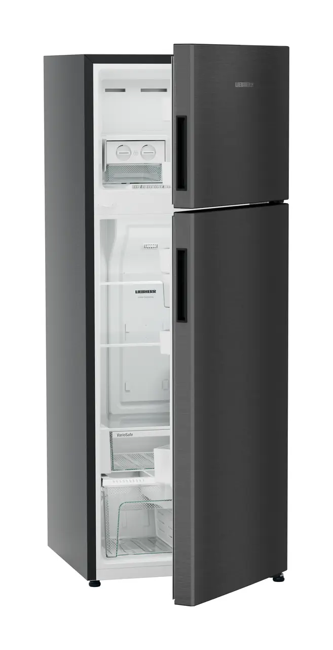 Product image, Perspective: oblique half-open empty, Fridge-freezer with NoFrost, Casing colour: grey, Door colour: BlackSteel