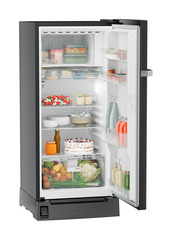 Product image, Perspective: oblique open decorated, Single-door refrigerator 191 l with foot pedal base drawer and iCoolTouch UI, Casing colour: grey, Door colour: BlackSteel