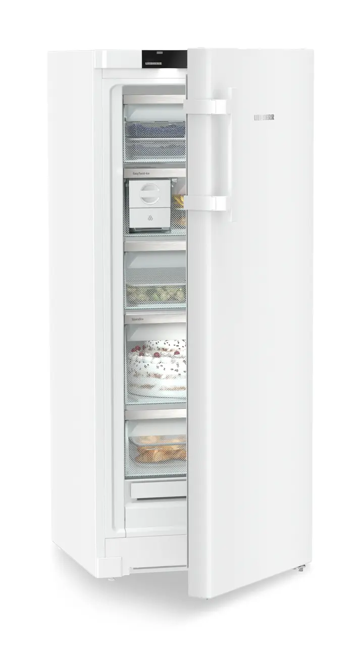 Product image, Perspective: oblique half-open decorated, Freestanding freezer with NoFrost and EasyTwist-Ice, Casing colour: white, Door colour: white